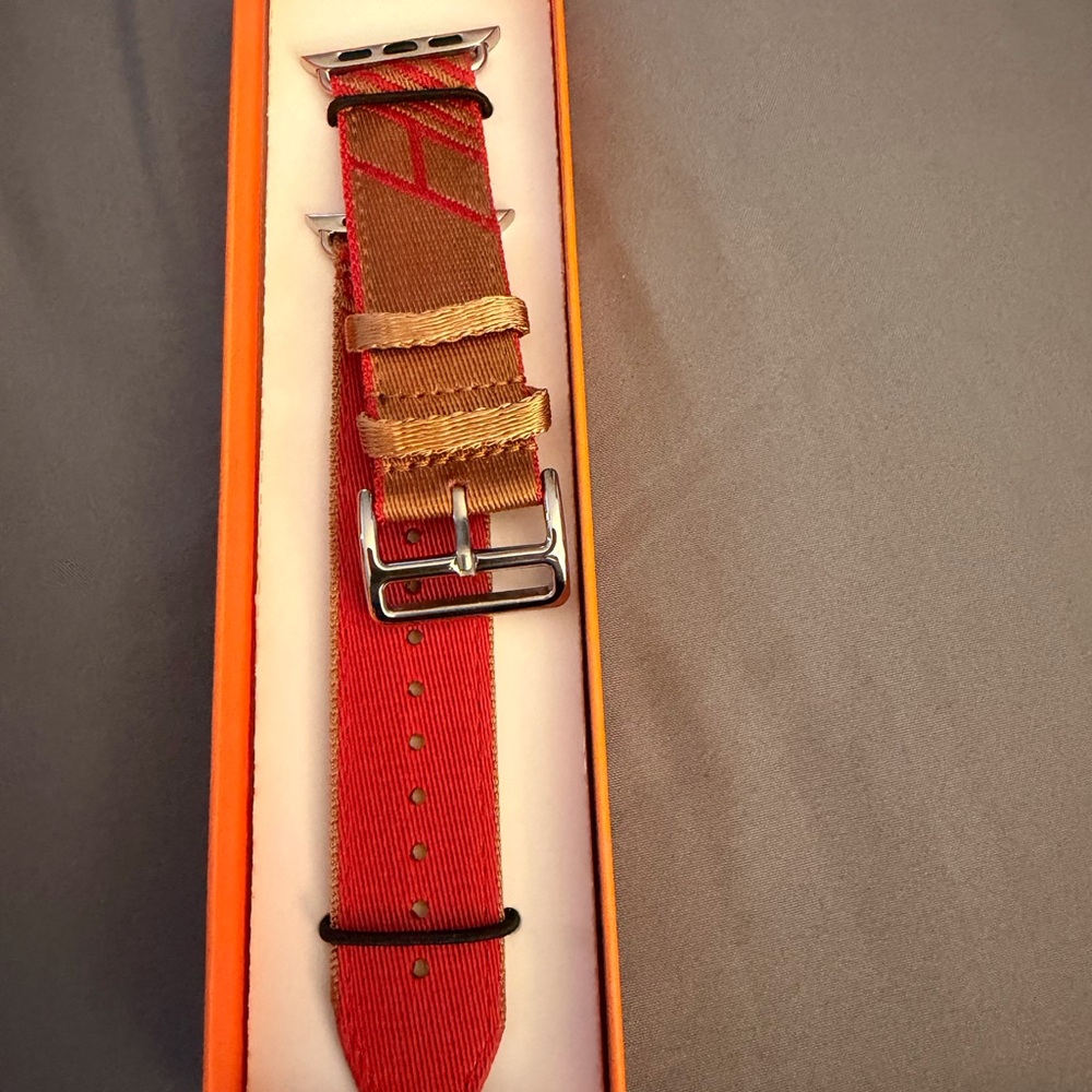 Hermes style Jumping nylon Red and Gold Apple Watch Band. Fits smaller watch. N